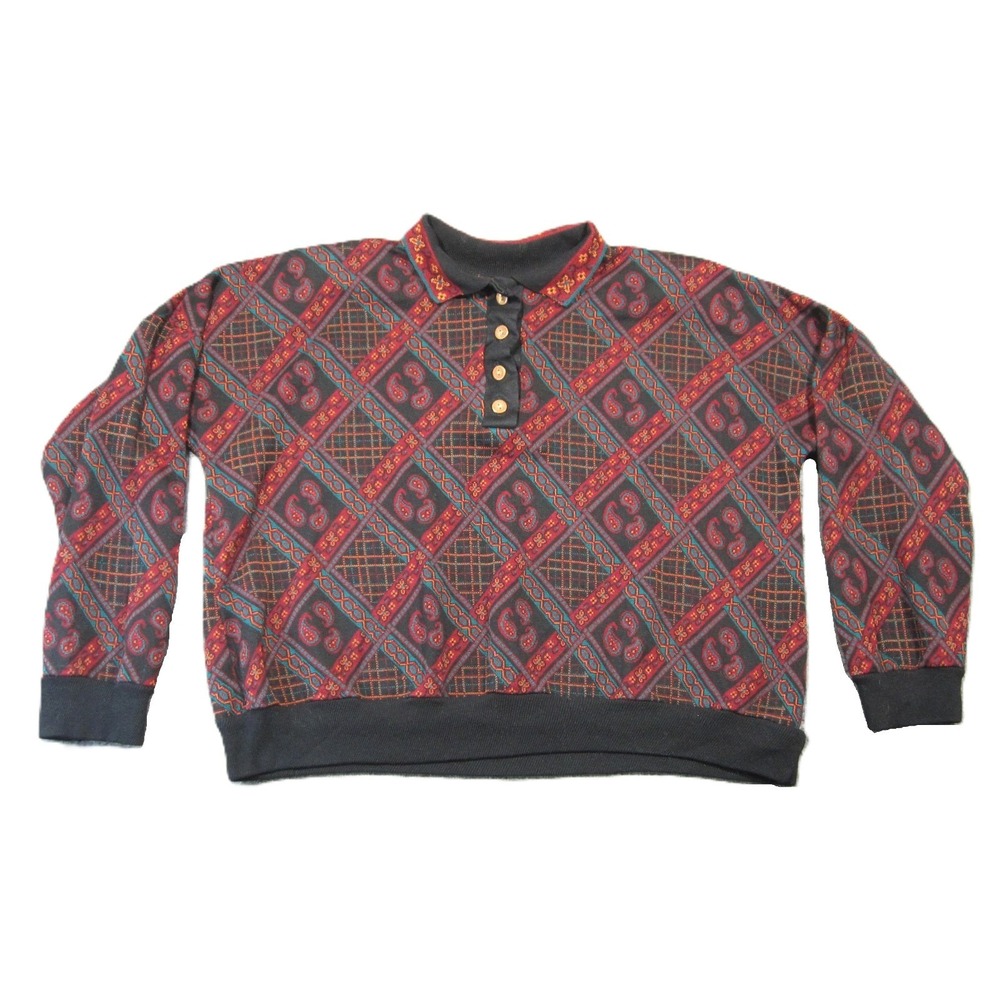 Vtg Season Ticket Polo Sweater XL Red Black Paisley‎ Long Sleeve Dark Academia